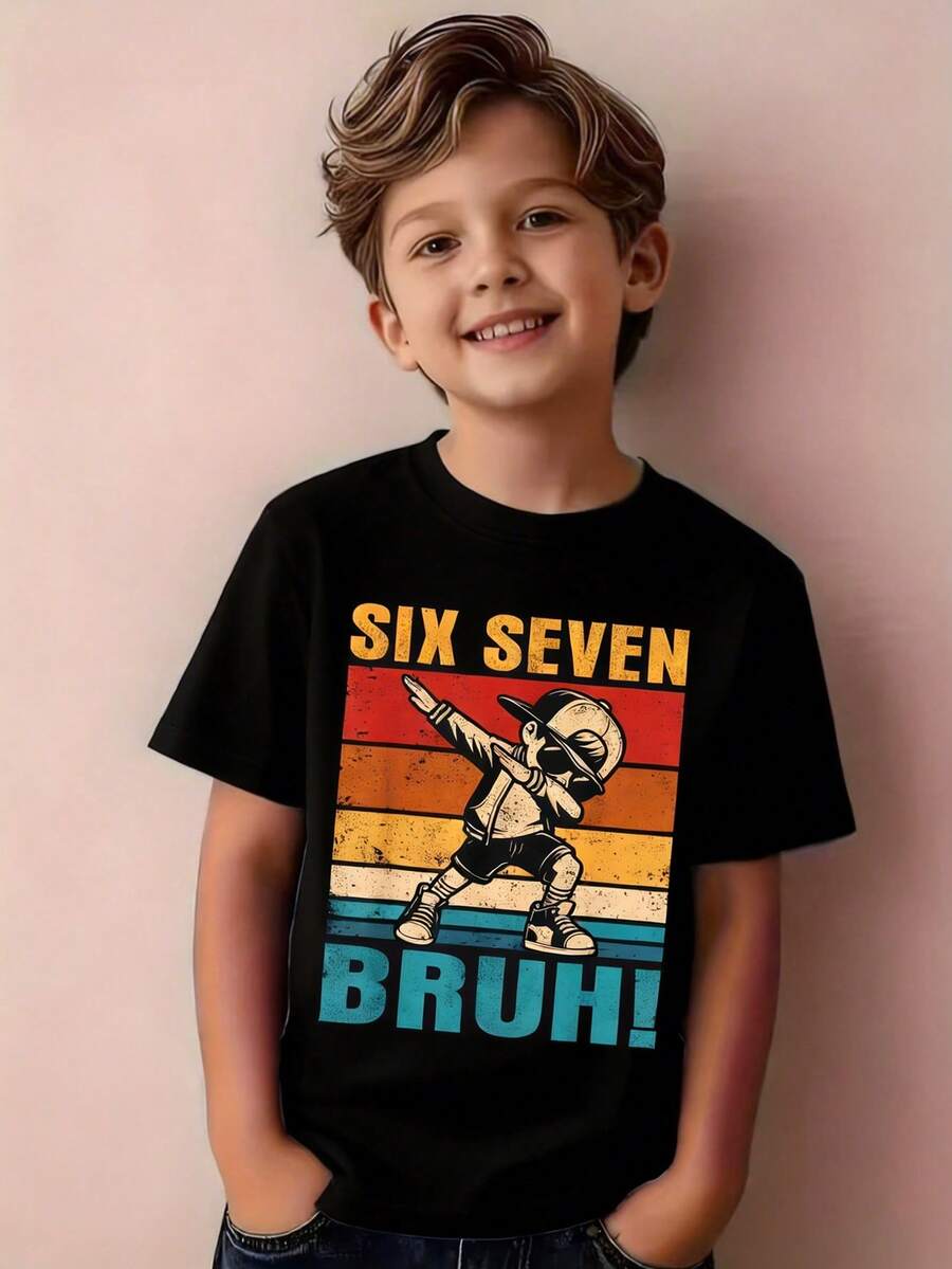 Áo thun cổ tròn in hình hoạt hình số 67 dành cho thiếu niên nam, chất liệu mềm mại, kiểu dáng thường ngày, phong cách Y2K mùa xuân/hè. - màu đen - Xem 1