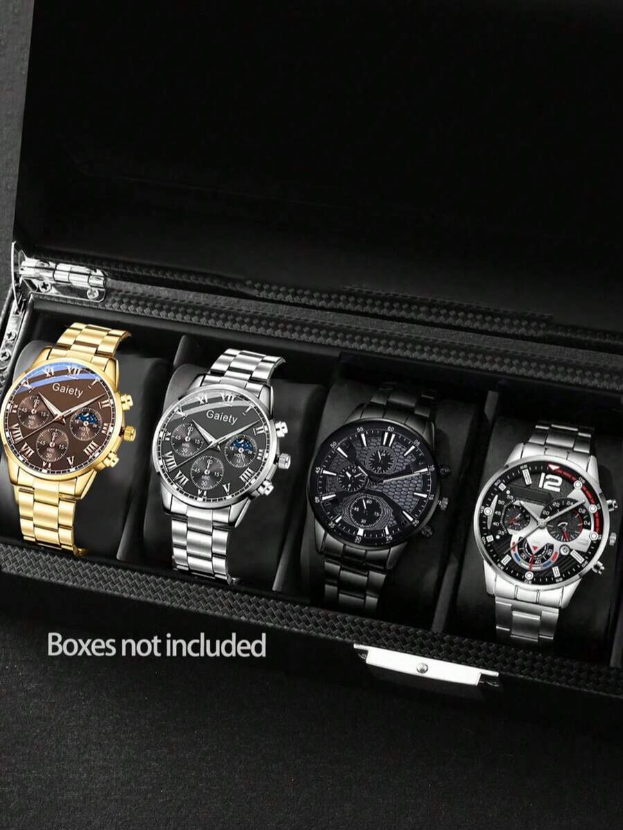 4pcs Stainless Steel Quartz Men's Watch Set, Classic Business Three-Eye Minimalist Dial, Suitable For Daily Wear, Party Decoration, Birthday, Valentine's Day, Holiday Gift For Friends And Fathers - 彩色 - 查看 1