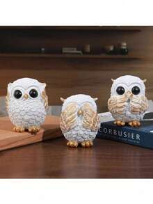 3件/套 白色金色猫头鹰摆件，“非礼勿视，非礼勿听，非礼勿言”装饰摆件，树脂猫头鹰雕像，适用于家居、办公室、书桌、书架装饰，可爱动物雕塑，送给猫头鹰爱好者的礼物 - 3pcs三不白金 - 查看 4