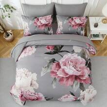 7 Piece Grey Pink Floral Comforter Set Full/Queen/King Size Bed In A Bag, Blush Flowers Printed On Light Pink Comforter Set With Sheets, Soft Microfiber Botanical Bedding Set For Wedding Items,Home Bed Room Decor,Easter Gifts,Mothers Day Gift,All Season - Grey Pink-090869 - 查看 3
