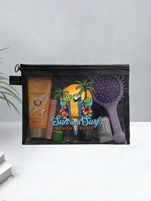 热带鹦鹉椰树印花网眼化妆包；旅行洗漱收纳包/学生文具笔袋/便携式口红粉饼盒/耳机线收纳包/零钱包/防水沙滩包；大容量透明拉链手拿包 - 彩色 - 查看 6