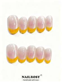 nailrosy 10片黄色法式美甲贴片 | 短款椭圆形可重复使用假指甲 | 简约优雅手工亚克力美甲套装 | 婚礼美甲 | 可爱美甲 | 送她的礼物，必备美甲，日常美甲，水钻手工美甲贴片 - 黃色 - 查看 9