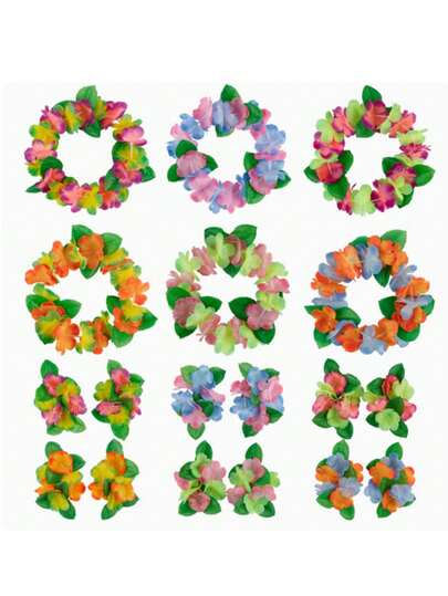 6/12pcs Hawaiian Flower Headpiece, Tropical Hawaiian Luau Flower Wreath Bracelet Headband For Women, Summer Beach Party Costume Decor Cosplay