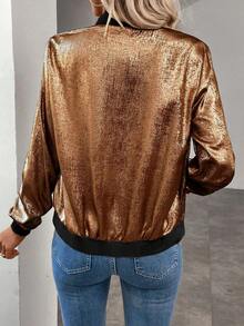 Keke Bloomly 女士秋季新款轻薄长袖拉链休闲豹纹棒球夹克，时尚度假风 - 紫紅色 - 查看 3