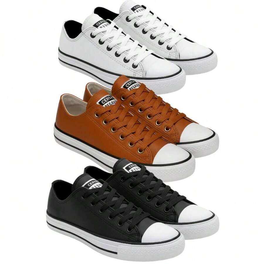 Kit Of 3 Unisex Star Style Sneakers For Men And Women, Casual, Traditional, Faux Leather - 白色/黑色/焦糖色 - 查看 1