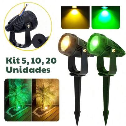Kit 5 Luminárias Espeto Jardim LED 7W Preto Bivolt IP65 Branco Quente 3000k e Verde