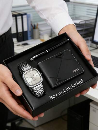 3PCS Luxury Business Men's Watch Set, Part Of A Stylish Men's Collection, Includes A Square White Dial Minimalist Quartz Watch With A Silver Stainless Steel Band That Has A Smooth Texture, A Black Diamond-Patterned Leather Wallet, And A Metal Pen. The Design Is Sharp And Exquisite, Exuding A Calm And Sophisticated Style.