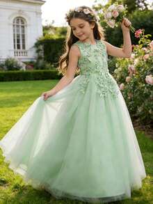 Đầm phù dâu ren cho bé gái tuổi teen, đầm dạ hội dự tiệc cưới cho trẻ em, đầm dạ hội công chúa dự thi sắc đẹp. - Màu xanh Bạc hà - Xem 2