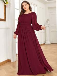 EVERPRETTY Plus Size Elegant Romantic A-Line Long Sleeve Burgundy Bridesmaid Dress, Autumn Wedding Guest Dress - Burgundy - View 6