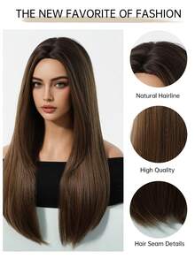 24英寸长直发，棕色，中分，顶部染成黑色，采用高温合成角蛋白纤维制成，优雅的假发，适合日常佩戴、节日和派对场合。 - 巧克力棕 - 查看 8