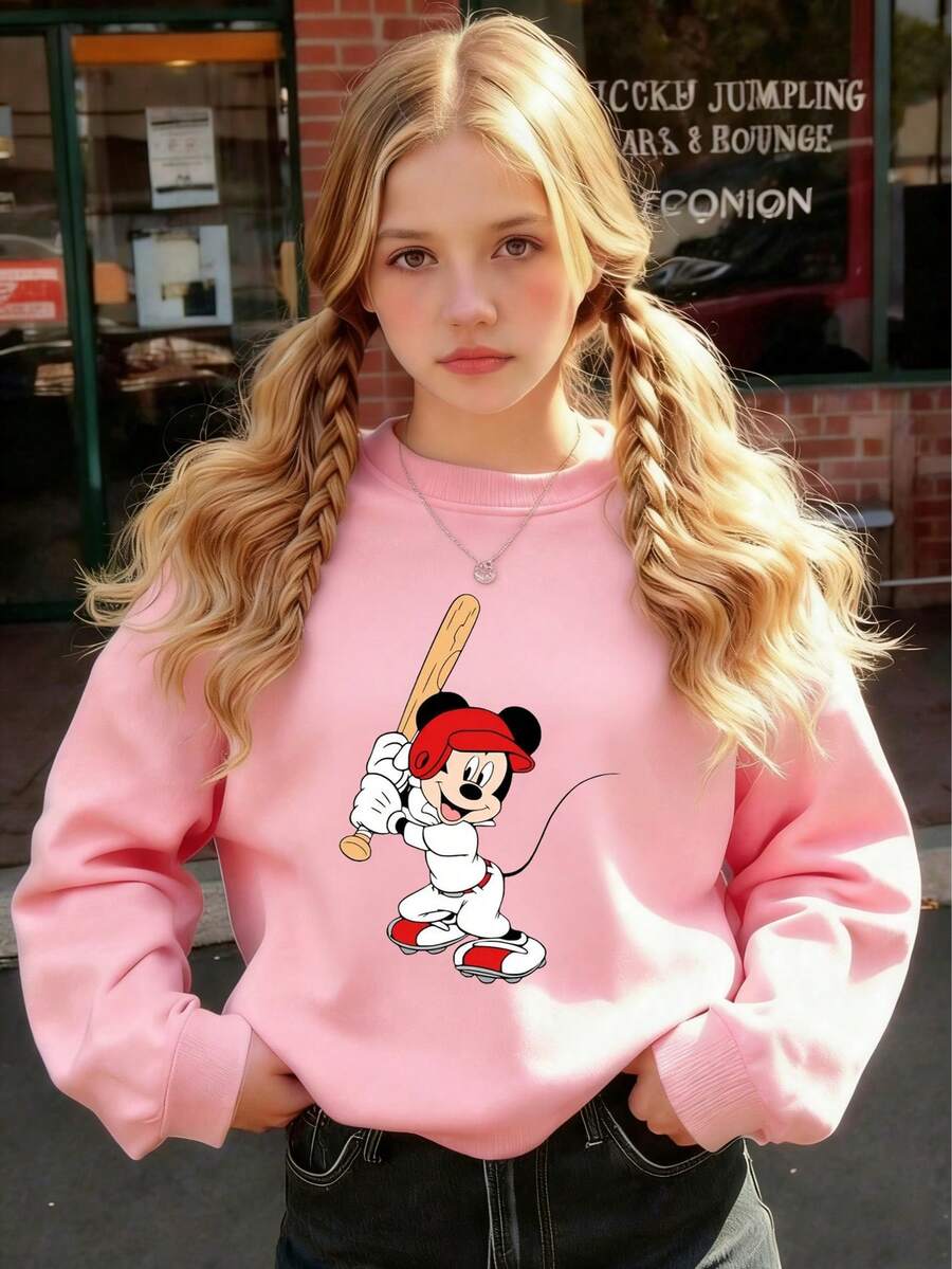 Disney Officially Licensed New Arrival Baseball Mickey Mouse Print Pink Crewneck Sweatshirt, 100% Polyester Ultra Comfortable Super Soft, Casual Sporty Relaxed Fit, Unisex For Kids 1-14 Years, Spring & Fall Daily Wear High Appearance High Turnaround, Commuting Preferred Disney Limited Edition Stylish, Parent-Child Eye-Catching Outfit Express Delivery - 粉色 - 查看 1