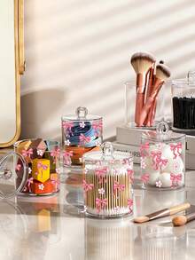 蝴蝶结棉签收纳盒，棉签收纳架，棉签牙签收纳罐，透明亚克力化妆棉收纳盒，化妆刷收纳盒，化妆品收纳盒，适用于家庭、办公室、桌面，清洁球收纳盒，浴室收纳罐，透明罐，适用于棉签、清洁球、化妆棉、牙签（手工测量：存在1-2厘米误差） - 彩色 - 查看 3