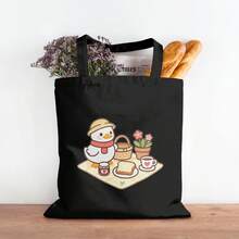 Cartoon Penguin Picnic Canvas Tote Bag, Women Canvas Tote Handbags Casual Shoulder Work Bag Crossbody - 黑色 - 查看 2