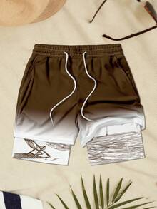 Plus Size Men's Beach Vacation Inner Pattern Printed Double-Layer Shorts - Brown - View 2