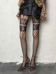 1双女士拼接细网眼连裤袜，春夏蕾丝镂空网眼黑色长筒袜，菱形条纹JK透气网眼，修身性感紧身袜 - 彩色 - 查看 7