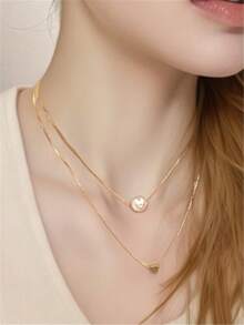 1件时尚简约精致双层心形珍珠项链，适合女士日常佩戴 - 金黃色 - 查看 5