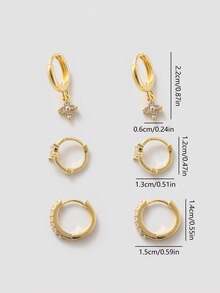 1对/3对 时尚优雅铜镀18K金立方氧化锆圆形四叶草耳环，四叶草吊坠耳环，女士日常佩戴，节日及生日礼物 - 金黃色 - 查看 6