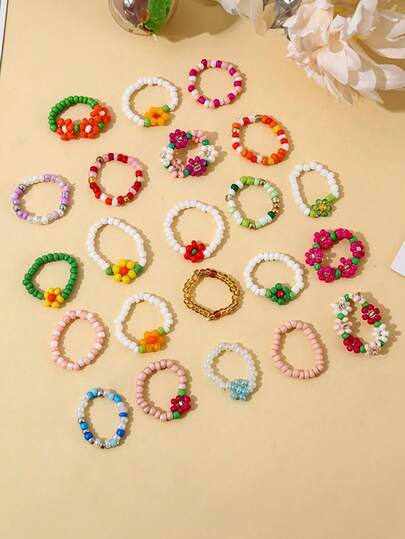 30pcs/Set Versatile Bohemian Style Colorful Flower Elastic Rings, High-Quality Jewelry Suitable For Men, Women, Beach, Party, Daily Wear, Exquisite Holiday & Birthday Gift (Random Colors & Styles)