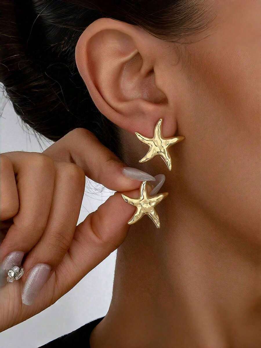 1 Pair Fashionable Minimalist Beach Vacation Style Starfish Earrings, Zinc Alloy Five-Pointed Star Elegant Earrings For Women - Gold - View 1