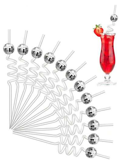 6/12pcs Reusable Disco Ball Plastic Straws, 70s Disco Party Decor Mirror Stir Sticks, Cowboy Hat Straws, Suitable For Bachelor Party, Holiday, Wedding, Birthday Party Supplies, Also Suitable For Outdoor, Camping