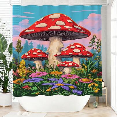 1 pieza Cortina de ducha con diseño de bosque de setas, hecha de poliéster, impermeable, no opaca, adecuada para decoración del hogar y el baño, incluye 12 ganchos