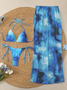 Conjunto de bikini con estampado de nubes azules - Traje de baño de moda de 3 piezas para mujeres con vestido de playa fluido, ideal para vacaciones de verano en la playa, fiestas de natación y salidas de vacaciones - Azul - Ver 4