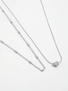 2件套时尚百搭锆石心形叠戴项链，简约锁骨链，女士款 - 銀色 - 查看 3