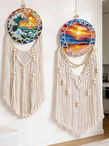 1 pièce Décoration murale décorative de style bohème avec motif vague océan coucher de soleil coloré, attrape-rêves rond avec design géométrique, détails de franges et de perles. Déclaration artistique pour la chambre à coucher, le salon, l'appartement, le dortoir, la maison de plage, la salle de méditation, le studio de yoga, l'entrée, la décoration intérieure de la maison - Multicolore - Voir 3