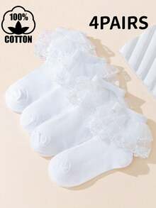 4双装女童纯棉透气网眼白色舞蹈袜，公主风蕾丝边休闲袜，适合幼儿 - 白色 - 查看 6