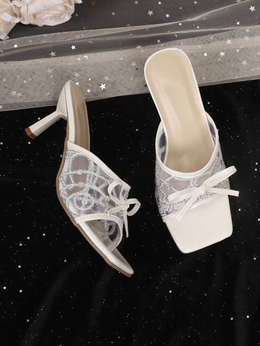 2026 New Women's Spring/Summer Lace Mesh White High Heel Mule Sandals, Square Toe Thin Heel Bow Slip-On Shoes - White - View 1