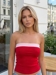 Women Tube Tops Summer Contrast Colors Folded Backless Off-Shoulder Bandeau Backless Shirts For Streetwear - Red - View 3