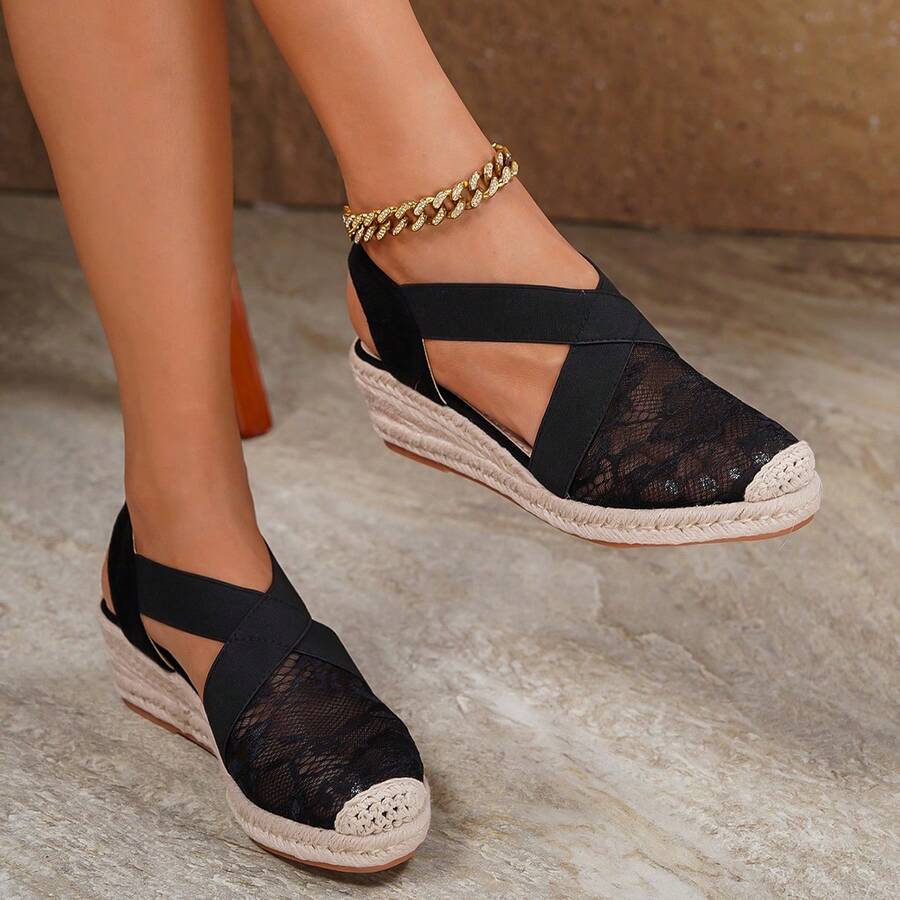 新款时尚女士休闲度假编织坡跟凉鞋 - 黑色 - 查看 1