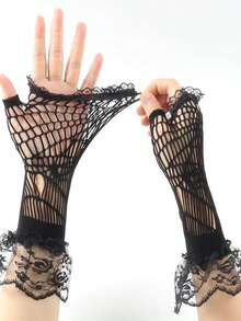 1 Pair High Elastic Fishnet Sexy Hollow Lace Floral Web Fingerless Arm Sleeve Gloves - Multicolor - View 5