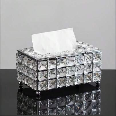 1 ชิ้น ที่ใส่กล่องทิชชูคริสตัล, ที่กั้นกล่องทิชชูคริสตัลทรงลูกบาศก์ เหมาะสำหรับห้องนอน, สำนักงาน, คาเฟ่, โรงแรม, บาร์, กล่องหินเรืองแสง; 1 ชิ้น ที่จัดระเบียบแปรงแต่งหน้า ที่ใส่ปากกา