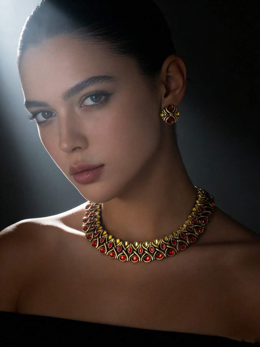 一套优雅奢华的中东风格金属材质人造宝石女士迷人首饰套装，适合节日/宴会/婚礼等场合佩戴。 - 彩色 - 查看 1