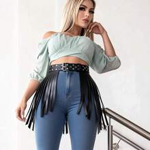 Cinturón de mujer de PU con flecos - Cinturón con tachuelas y flecos, perfectamente diseñado para un look inspirado en el oeste - Negro - Ver 2