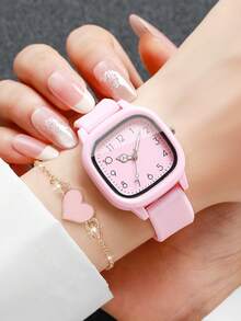 6pcs/Set Women's Silicone Quartz Watch With Square Dial, Fashion Casual Wristwatch + Heart-Shaped Bracelet (Watch Box Not Included) - Multicolor - View 4