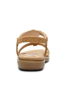 Comfortable Dressy Summer Flat Sandals For Women, Cute Elastica Ankle Strap Ladies Elegant Bohemian Vacations Beach Sandals - 杏色 - 查看 5