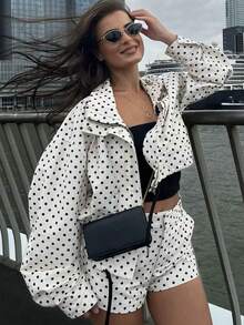 女士休闲波点印花长袖外套，带口袋和拉链，适合春秋季街头风穿搭。 - 黑與白 - 查看 5