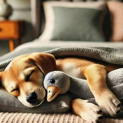 1个柔软毛绒鸭子玩偶，适合猫狗玩耍，帮助狗狗玩耍和消耗精力，适合小型至中型宠物（不建议大型宠物使用，因为它们可能会啃咬和损坏玩偶）。