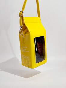 Fashionable Milk Carton Shaped Letter & Cow Print Crossbody Bag, With Detachable Strap And Zipper Closure, Casual Commuter Sling Bag Suitable For Travel And Daily Use, Strawberry Pattern Square Handbag - Yellow - View 5