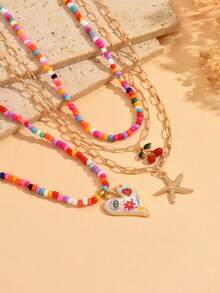Bộ 4 dây chuyền hạt cườm phong cách Bohemian nhiều màu sắc, dây chuyền hạt cườm thủ công với mặt dây chuyền hình quả anh đào, đa năng phù hợp để đeo hàng ngày, đi nghỉ mát, dự tiệc, thích hợp cho phụ nữ. - Nhiều màu - Xem 3