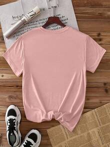 Women'S  Short Sleeve T-Shirt| Romantic Stripe "AMORE" Letter Print, Crew Neck, Machine Washable, Comfortable, Soft, Breathable, Suitable For Spring/Summer/Fall, Casual And Fashionable, Versatile For Daily Wear And Various Activities - Pink - View 2