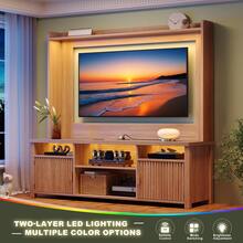 EnHomee 70" W TV Stand With LED Lights & Charging Station, Wall Unit Entertainment Center With 4 Storage Shelves & 2 Cabinet Doors For Living Room - 橡木 - 查看 5
