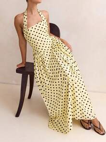 Women's Halter Maxi Dress Polka Dot Square Neck Sleeveless Backless Fitted Waist Flared Long Dress With Pockets Vintage Bohemian Summer Spring Beach Vacation Casual Party Elegant - Màu vàng - Xem 2