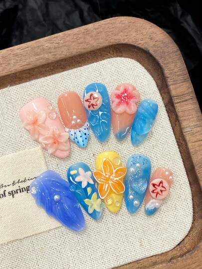 10PCS Almond Handmade Press On Nails For Party And Daily Wear,Three-Dimensional Carved Jellyfish Ocean Wind,Almond Nails,Easy To Wear 10pcs Y2K Handmade Press On Nails,Suitable For Girls And Women Festivals Parties And Daily Wear,Valentine's Day Mother's Day Gift.