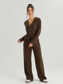 KATCH ME Women's Solid Color V-Neck Long Sleeve Button Tailored Top & Wide Leg Trousers Set, Cozy Two Piece Outfits For Fall & Winter - Chocolate Brown - View 7