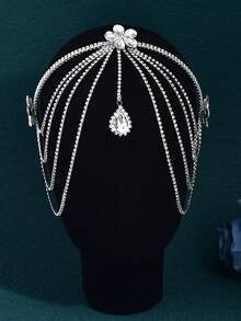 1pc Bohemian Bridal Forehead Tassel Headband Wedding Headwear Bridal Jewelry Rhinestone Headpiece Hair Accessories Vintage Women Tiaras Head Chain,Festival,Birthday - Silver - View 4