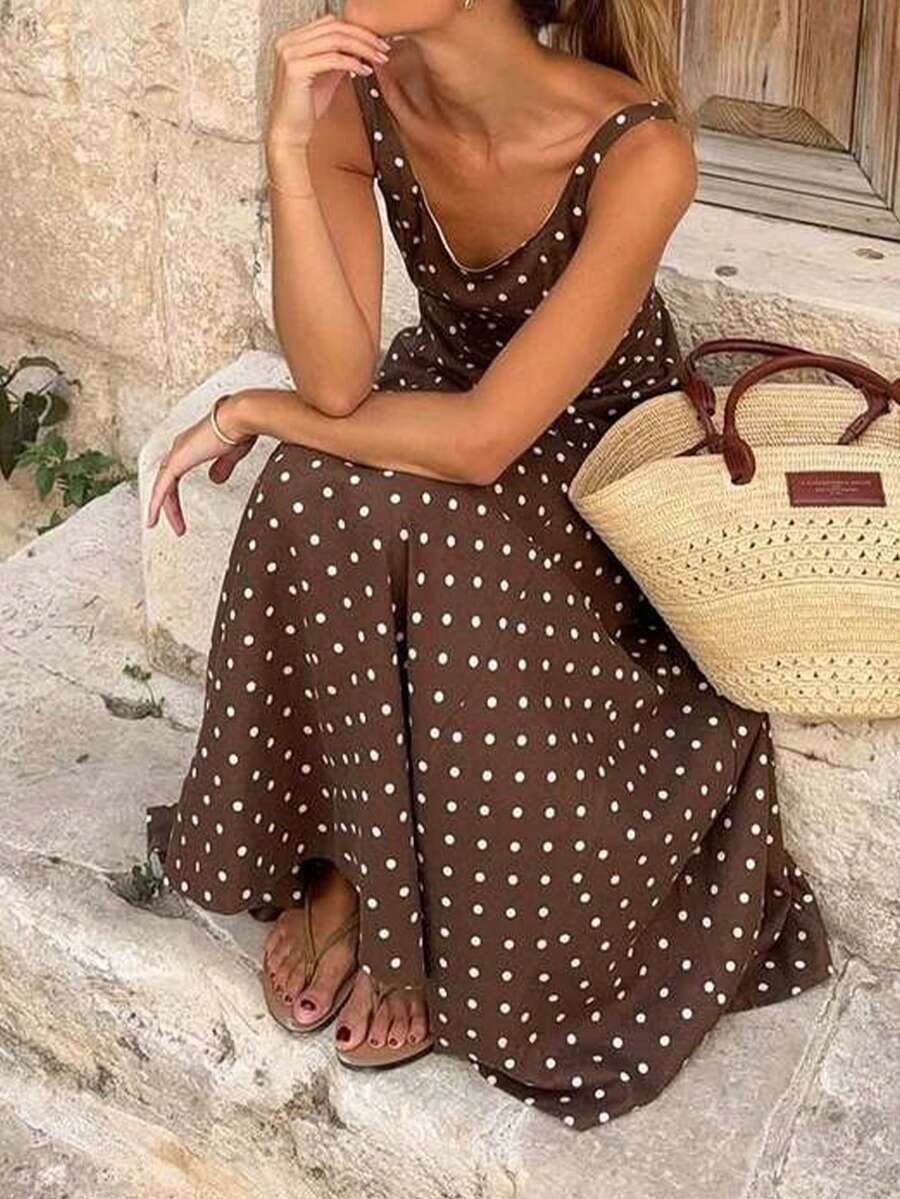 Brown Base White Polka Dot Sleeveless U-Neck A-Line Flared Hem Maxi Casual Vacation Elegant Dress For Women, Suitable For Daily & Outdoor Wear Summer - Multicolor - View 1
