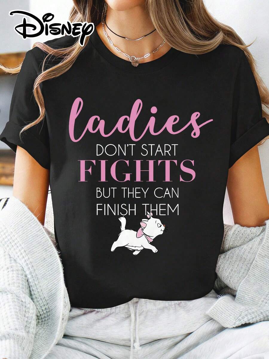 Disney Official Authorization | Women's Daily Casual Short Sleeve T‑Shirt With The Aristocats Theme Print. Lovely Print Of Marie With The Fun Slogan: "Ladies Don't Start Fights But They Can Finish Them", Full Of Girlish Charm. Made Of Opaque Fabric, Machine Washable, Versatile For Casual Wear, Suitable For Daily Outings And Matching Outfits With Best Friends. - 黑色 - 查看 1